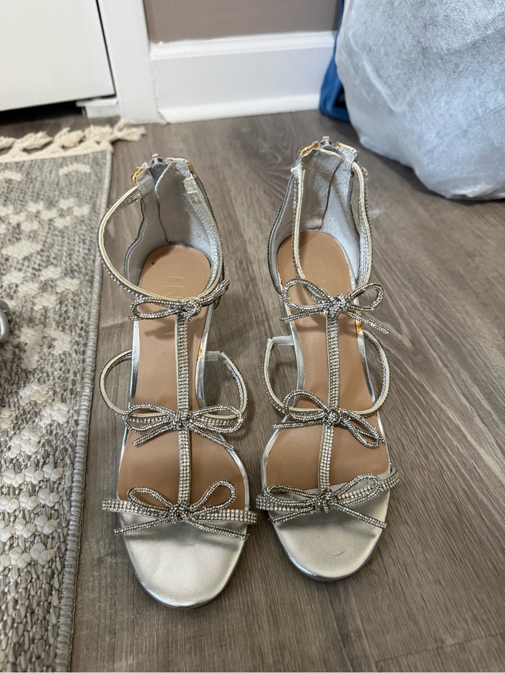 INC International Concepts Silver Rhinestone Bow T-Strap Heels